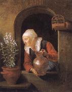 Gerard Dou Old woman at her window,Watering flower painting